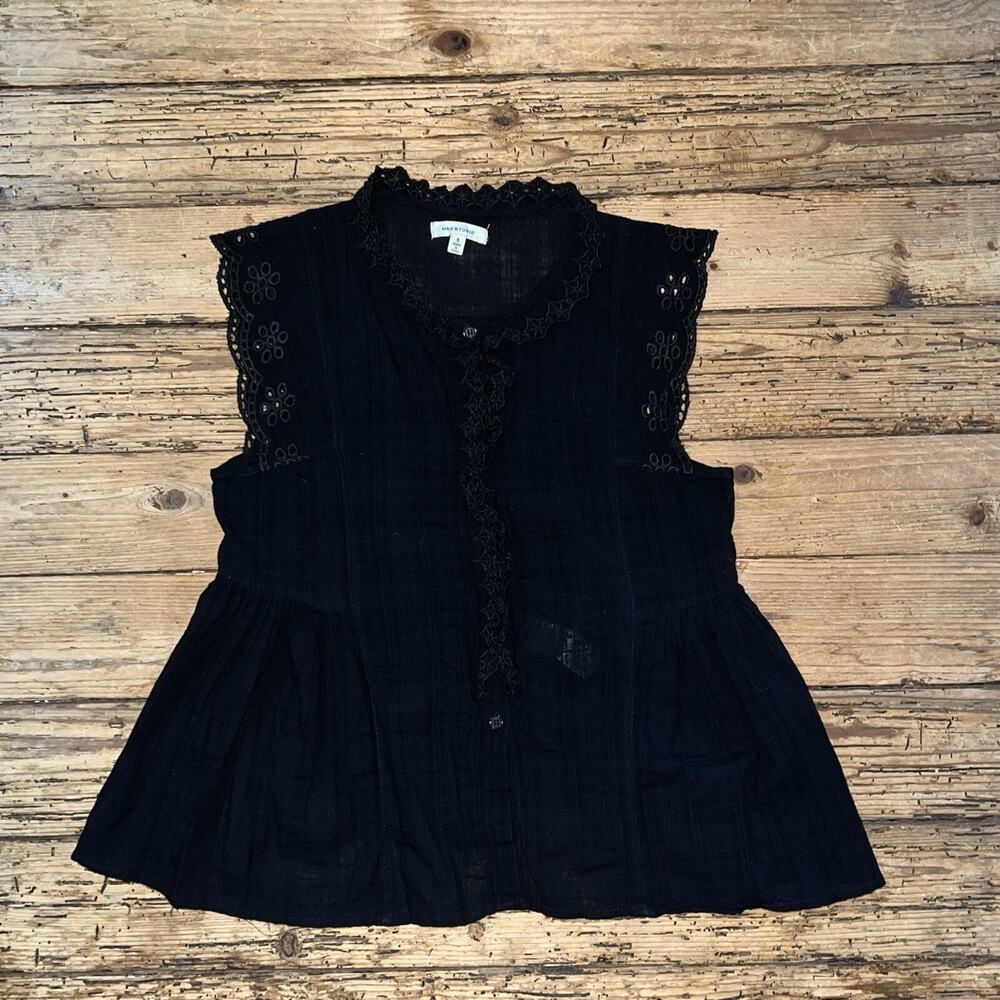 MAX STUDIO Peplum Top Sleeveless Ruffles Button Up Black Eyelet Women Size S